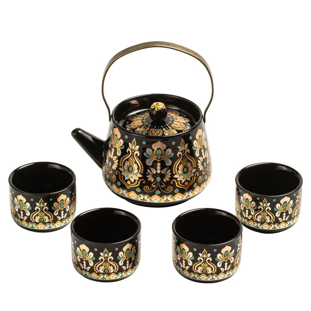 Oriental Guochao gold and silver wrong black pottery lifting beam pot tea set gift box gift tea pot one pot four cups lo