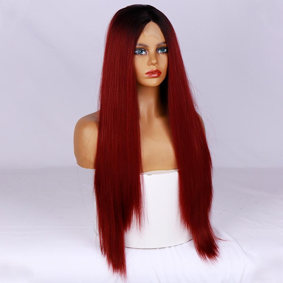 MERISIHAIR Женский модный длинный прямой парик красного вина с омбре без челки, кружевной передний парик, прямой парик из синтетического волокна для женщин