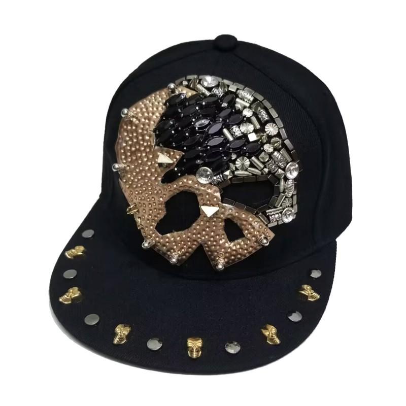 Unisex Punk Skull Baseball Cap With Rhinestone Studs Hip Hop Flat Brim Hat Streetwear Dance