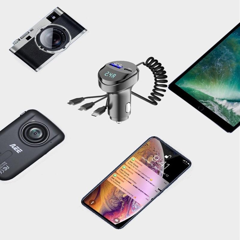 2 Ports Usb Fast Car Phone Charger 3.1A Voltage Display Car 3In1 Usb Retractable Charging Cable For Truck Automobile Vehicle