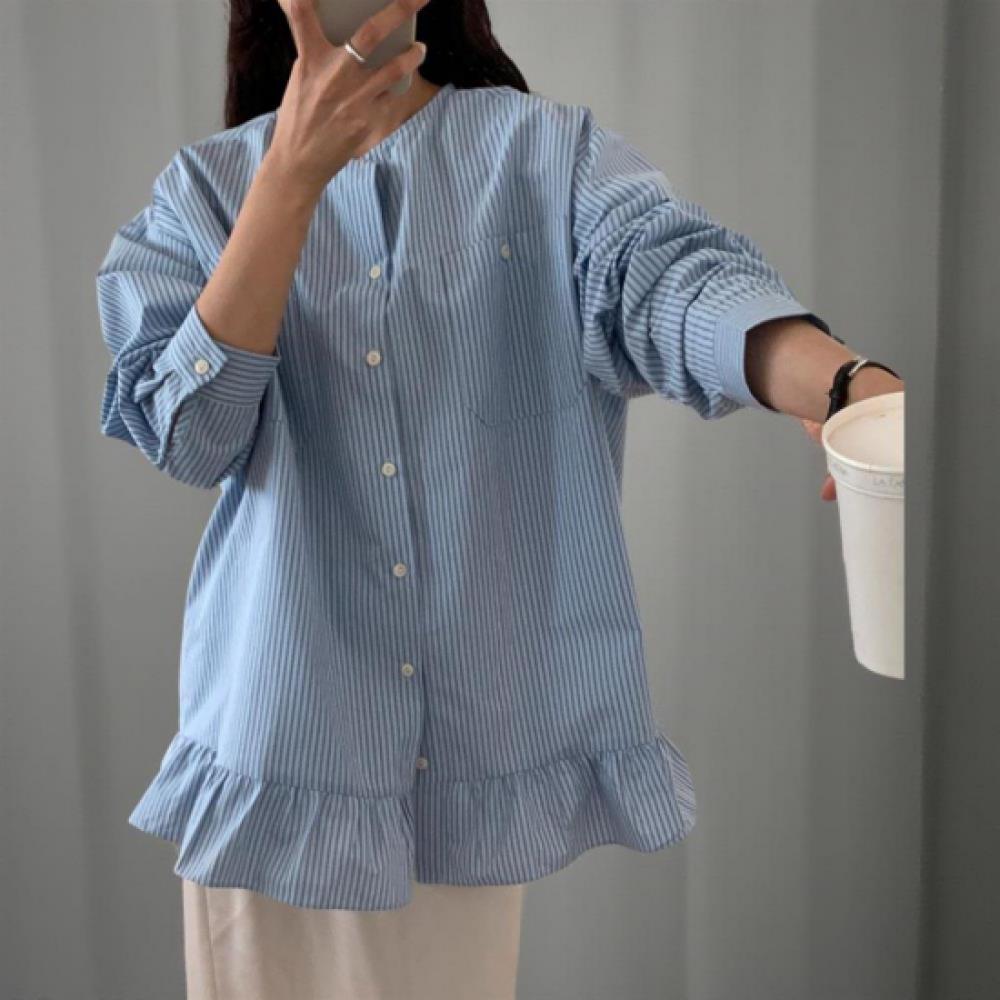 New Arrivals Open Run Women Frill Pocket No Collar Stripe Boxy Shirt