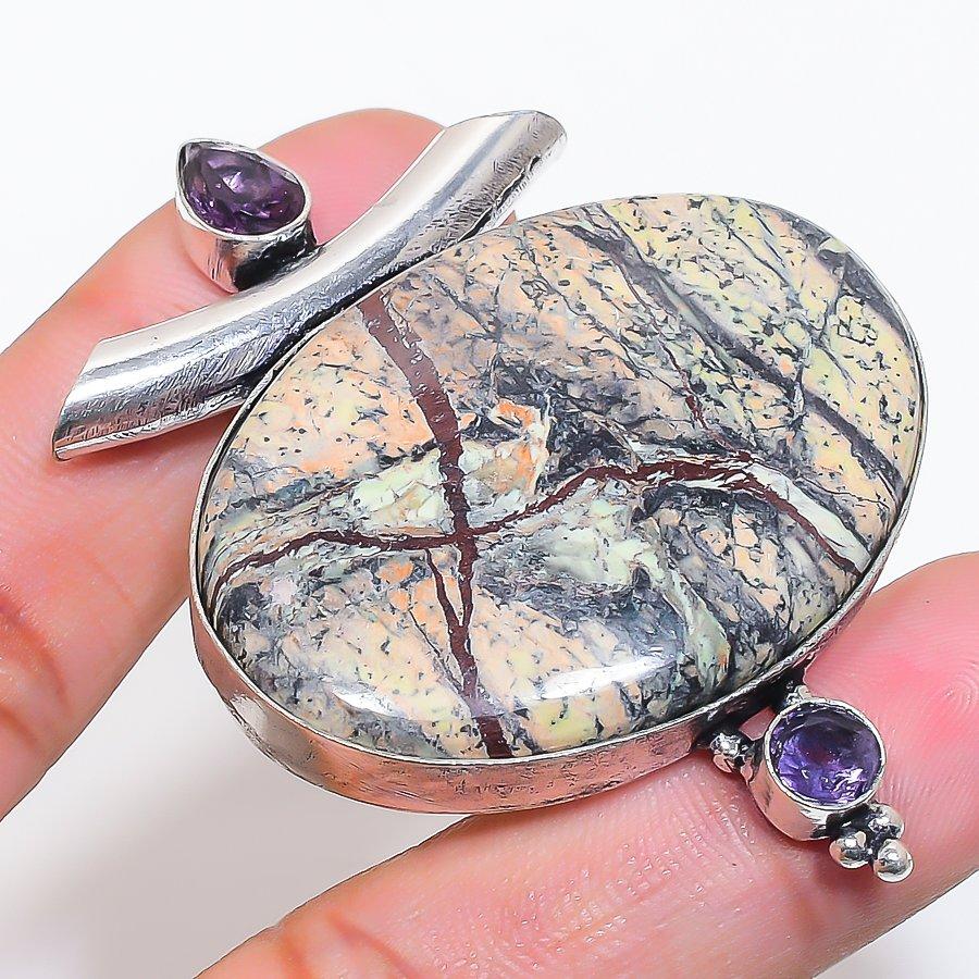 Натуральный медовый дендритный драгоценный камень 925 пробы стерлингового серебра Кулон-подвеска 2,40" AP-14082