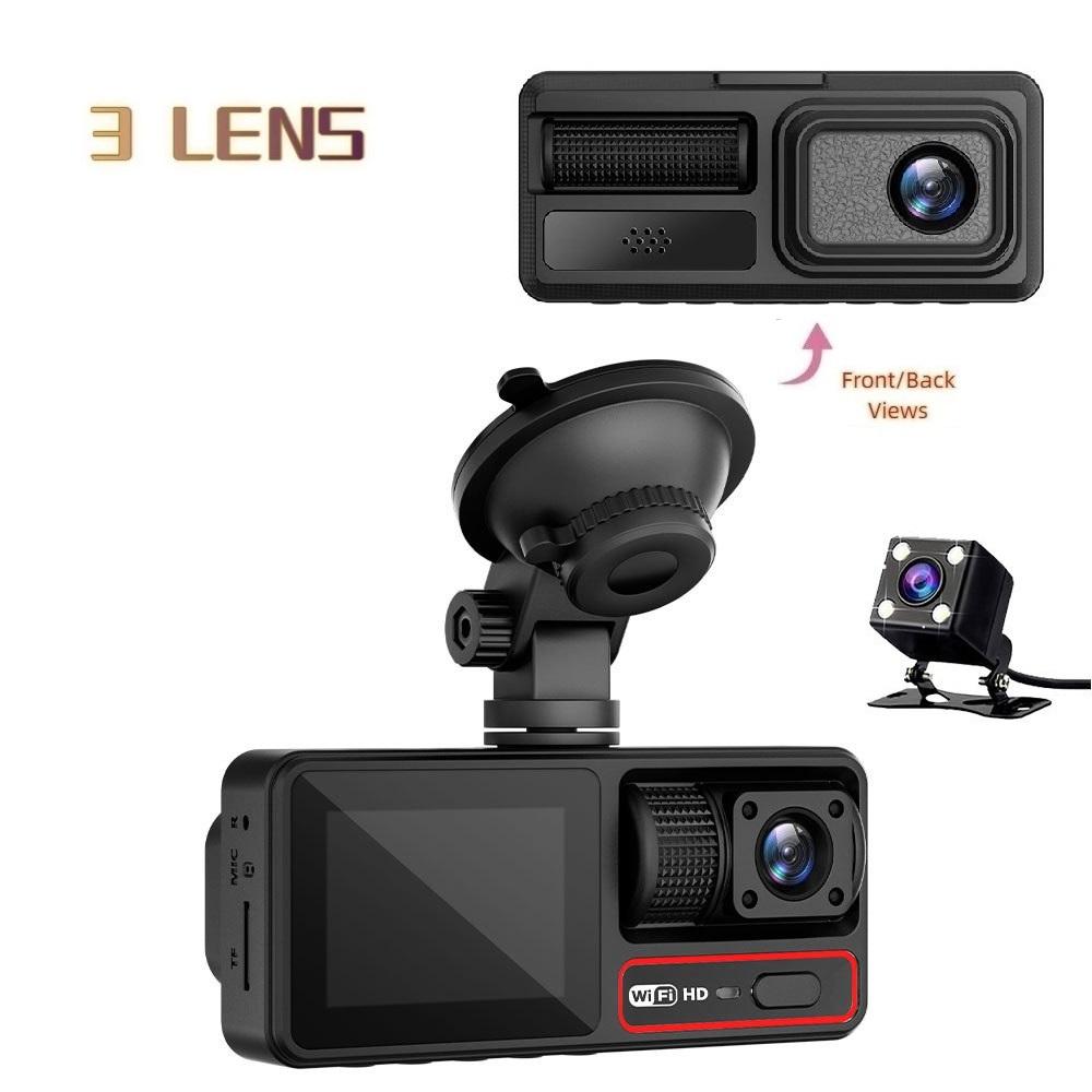 3-Lens Dash Cam, 3-Channel Recording, WiFi, HD, Phone Sync