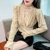 Sexy Velvet Women Blouse Autumn Vintage Style French Waist Wrap Scarf V Neck Tops Pleat Long Sleeve Slim Fit T Shirt 29072