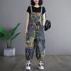 Spring and Summer  Literary Retro Printing Large Size Denim Overalls Women's Fashion Slimming One-piece Suspenders