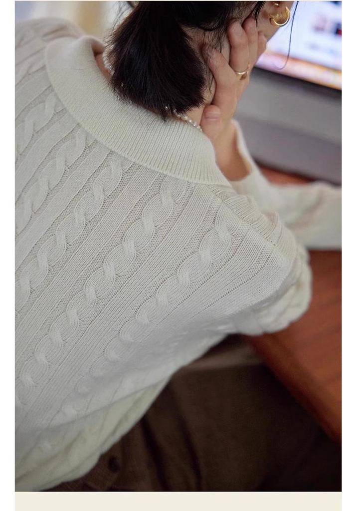 Women's French Retro Cable Knit Sweater - Polo Collar, White Lapel, Gentle Style Wool Top for Autumn/Winter