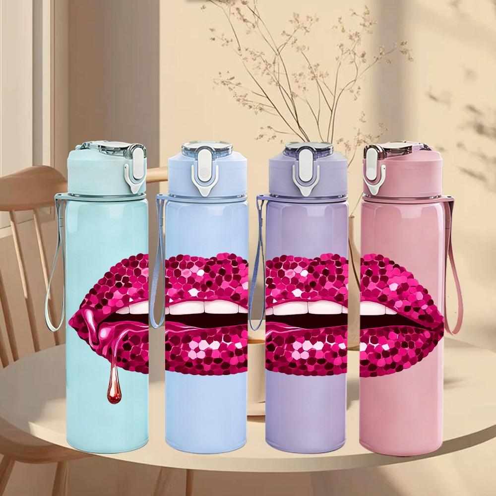 1PC Shiny Red Lips Lip Art Print 750ml Color Plastic Sports Water Bottle Leakproof Flip Straw Lid Suitable for Sports Office Home Use
