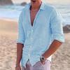 2024 New Men's Shirt Cotton Linen Fashion Casual Polo Neck Beach Shirt Long Sleeve Solid Hawaiian Holiday Shirts