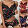 Women's Two Piece Lace Love Heart Lips Dot Kawaii Print V Neck Silk Comfortable Pajamas Elegant Homewear Set
