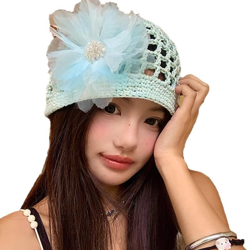 Women's Spring and Summer Korean Style Thin Hollow Breathable Sunshade Handmade Knitted Hat Sweet Wool Linen Fishnet Hat