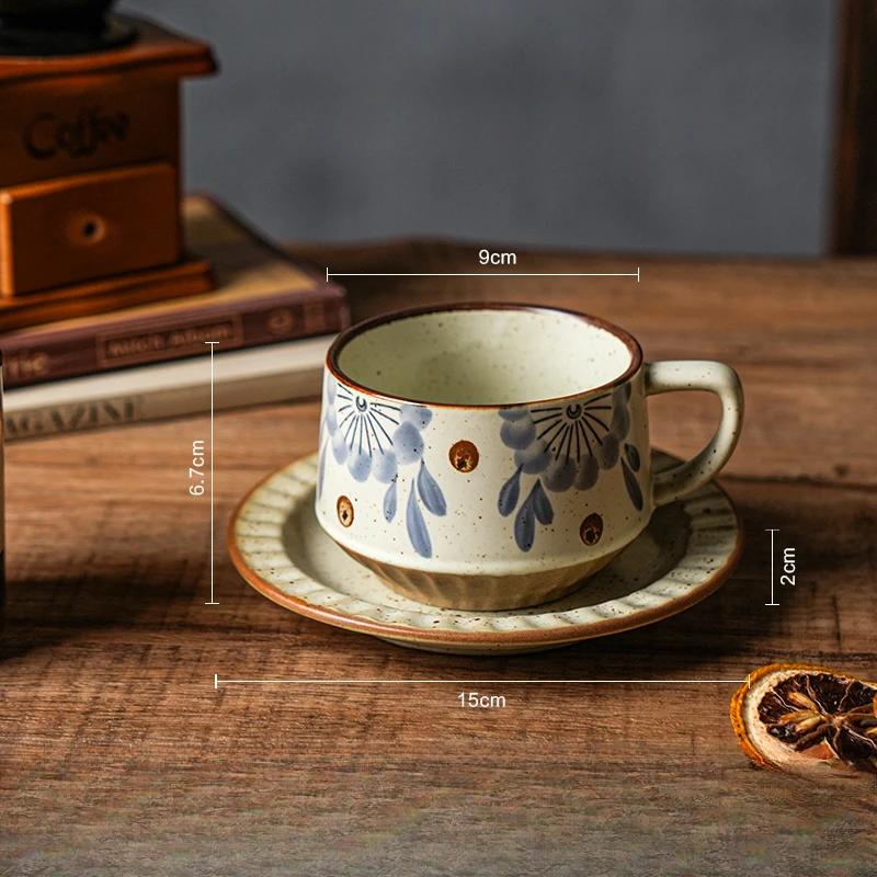 High-class Sense of Retro Coffee Cups and Saucers Set of Creative Rough Pottery Flower Cups Household High-grade Exquisite Mugs