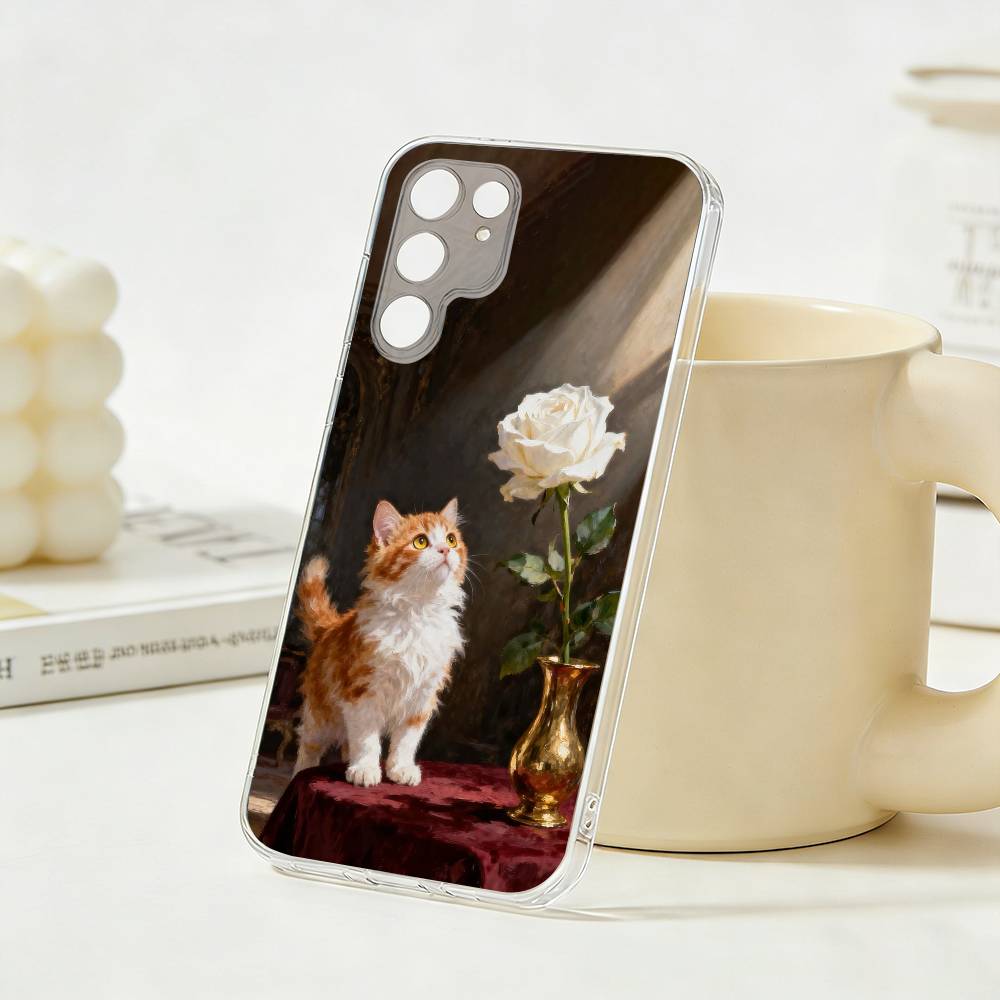 Art Oil Painting Cat Phone Case For Samsung S26, S25,S24,S21,S22,S23,S30,Ultra,Plus,5G,Transparent Cover