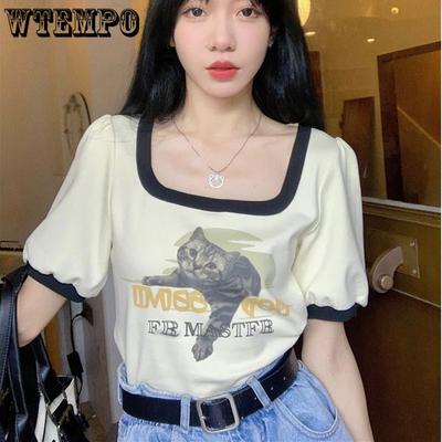 Женская футболка большого размера с короткими рукавами и короткими рукавами в стиле ретро с принтом и квадратным вырезом, топы с объемными рукавами и нишевым дизайном