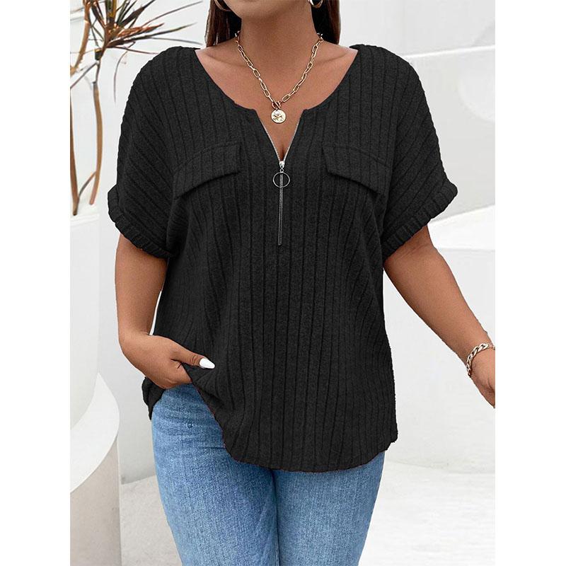 Spring Summer New Solid Color Women's Top Zip Short Sleeve Faux Pocket Pullover T-shirt Loose