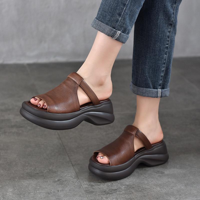 Модные домашние тапочки Обувь на платформе С открытым носком Женские низкие шлепанцы Женские шлепанцы Натуральная кожа Девушка 2025 Лето Каблуки-копытца ПУ Римская ткань