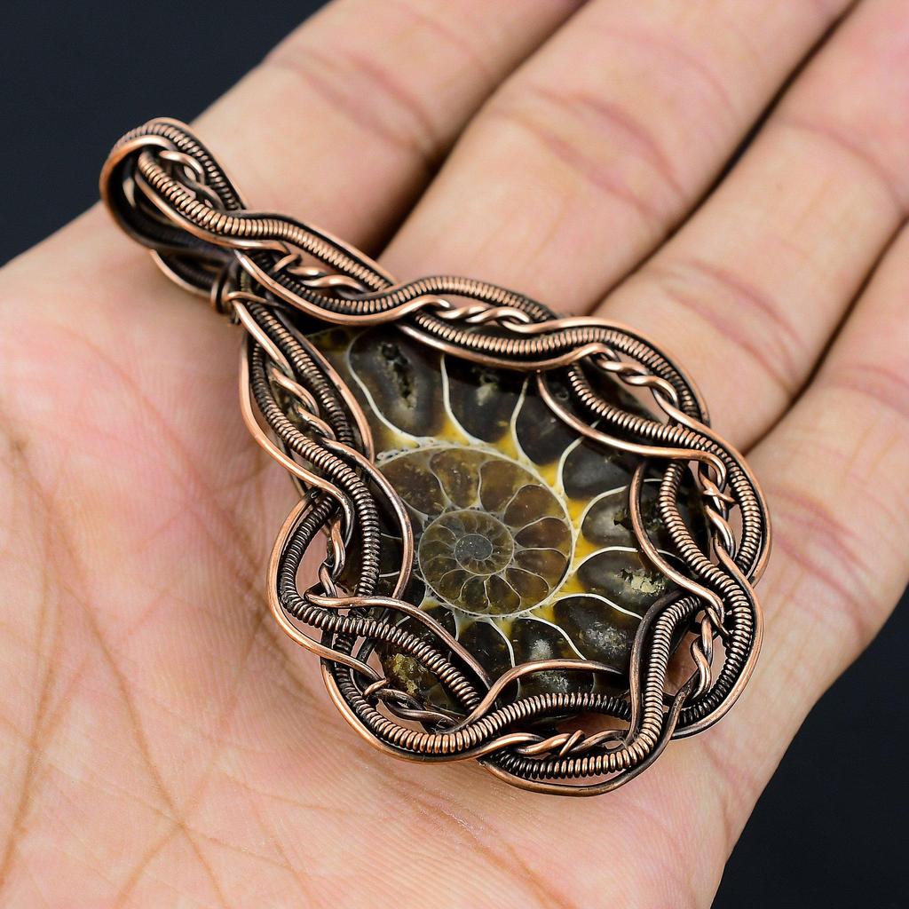 Аммонит ископаемый драгоценный камень медная проволока обертка ручной работы кулон ювелирный подарок для женщины