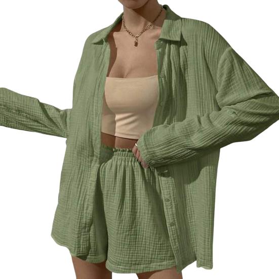 2 шт./компл., женская рубашка, комплект с шортами, однотонная однобортная блузка с длинными рукавами и воротником с лацканами, высокая талия, свободная выше