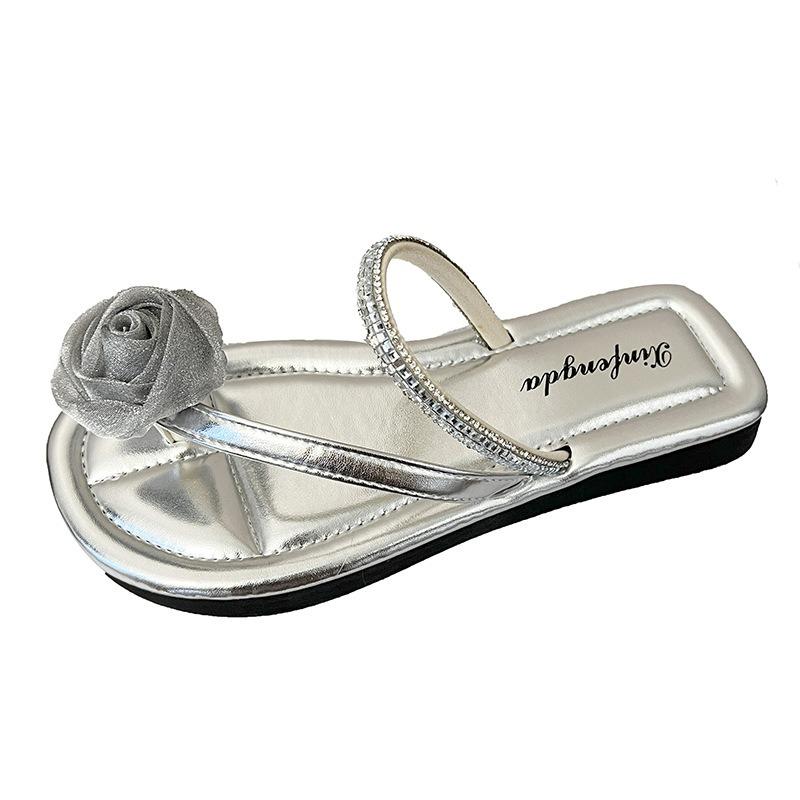 Flat-bottomed Cool Slippers for Women's Summer Wear, New Rhinestone Soft Bottom Non-slip Toe Beach One-word Drag