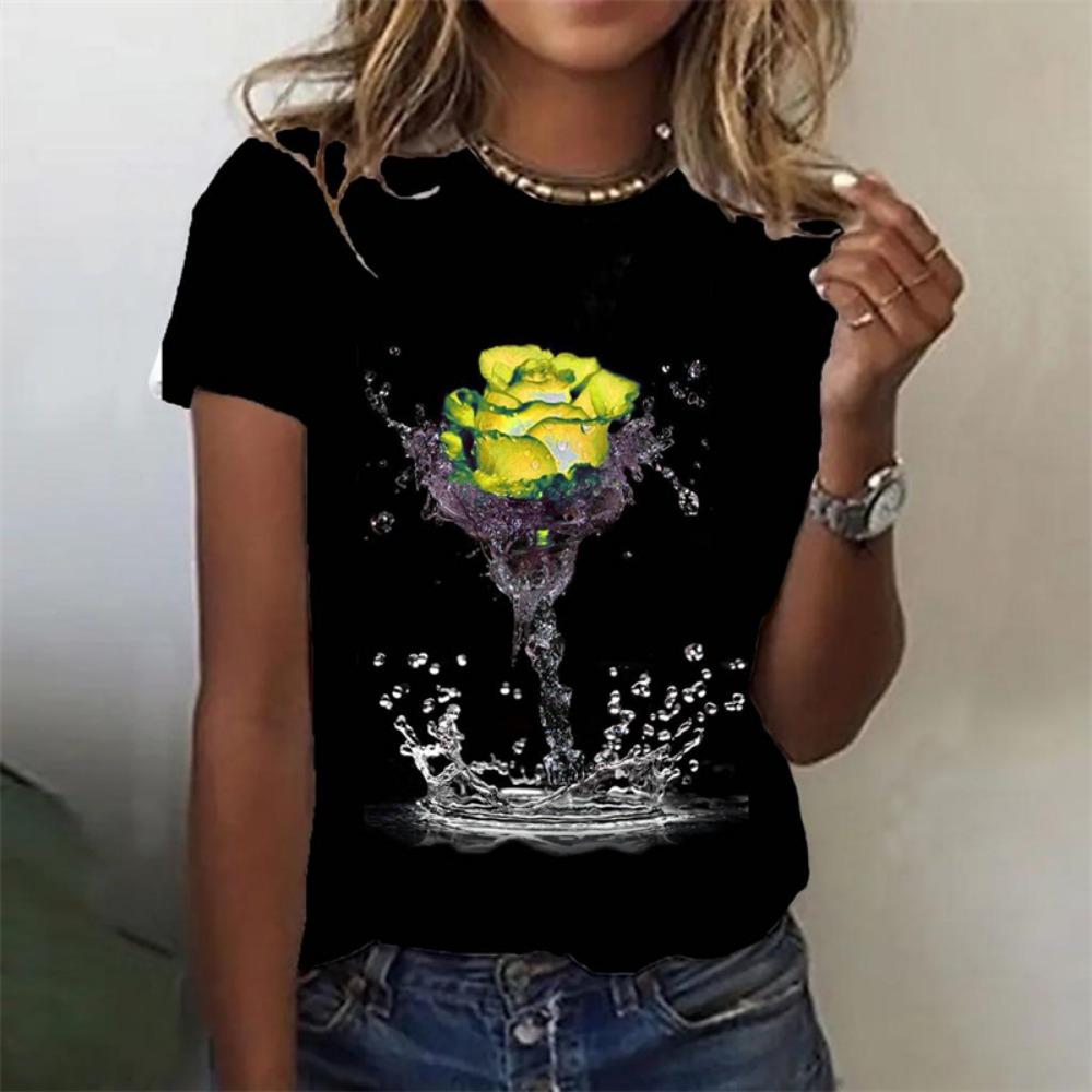 2024 Novelty 3d Roses Print Y2k Clothes For Women Summer Fashion Short Sleeve T Shirt Oversized Female Tops Casual Girls Tees