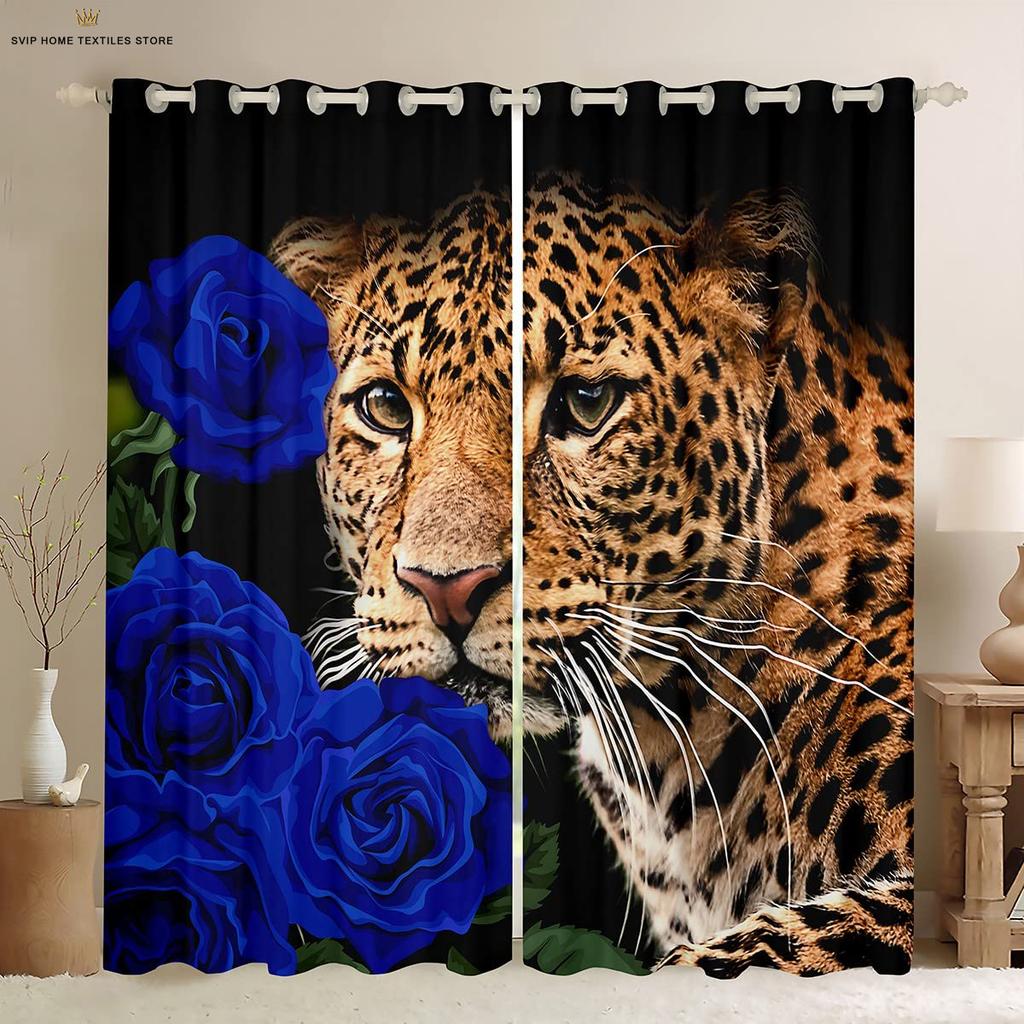 Занавеска с изображением розового цветка и тигра, напечатанная на 3D-принтере, занавеска в стиле ретро, украшение окна, карман для штанги, украшение для дома, 2 шт.