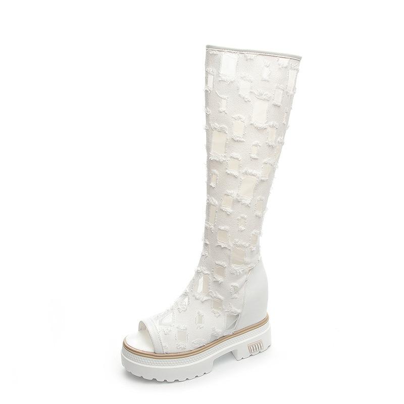 2024 г. Сапоги из парусины с отверстиями снизу, женские сандалии с вырезом «рыбий клюв», подходят ко всему