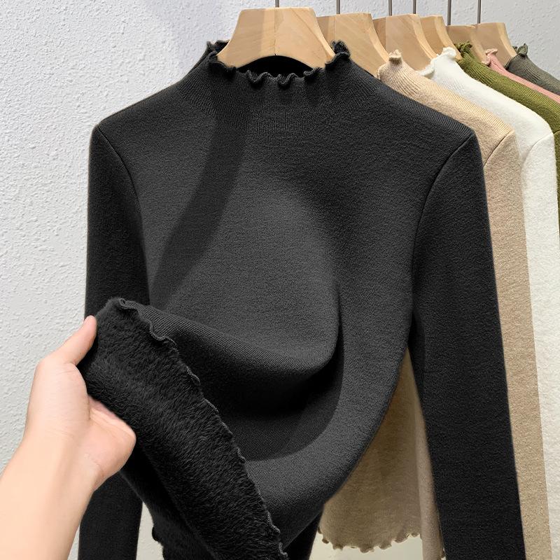 Women's Autumn and Winter Half-high Neck Knitted Thickening Bottom Warm Inner Wooden Ear Edge Tops