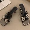 Women's Fine Heeled Sandals Fashion Square Head Shallow Mouth Crystal Butterfly Knot Set Foot High-heeled Slippers