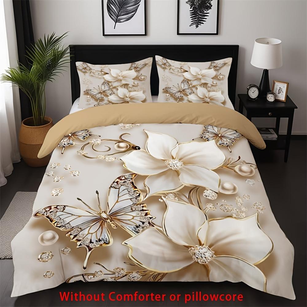 3pcs Champagne Bedding Set Pearl Flower Print Cozy Duvet Cover King Queen Twin Size Birthday Gift for Girl Adult Bedroom Decor