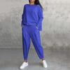 2 шт./комплект женский топ брюки костюм круглый вырез длинный рукав сплошной цвет
