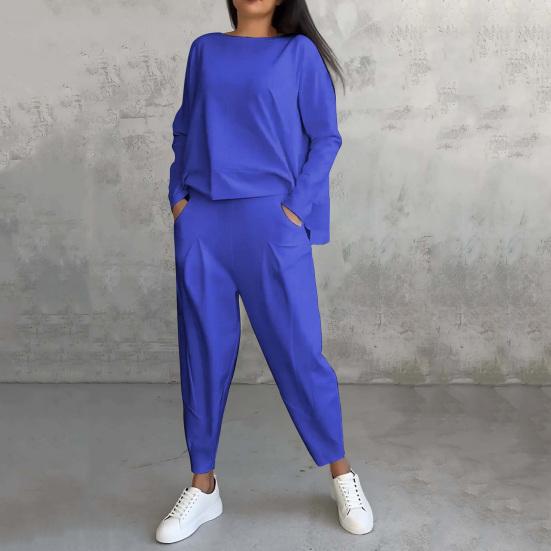 2 шт./комплект женский топ брюки костюм круглый вырез длинный рукав сплошной цвет
