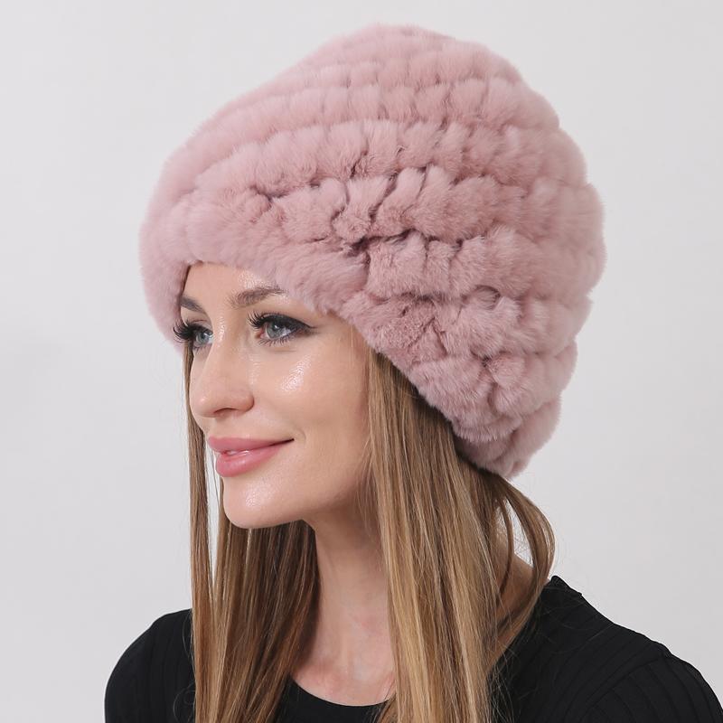 Новая теплая шапка из натурального меха Зимняя женская шапка из меха кролика рекс Толстая подкладка в два слоя Уличная женская шапка-бини Шапки круглой формы Ананас