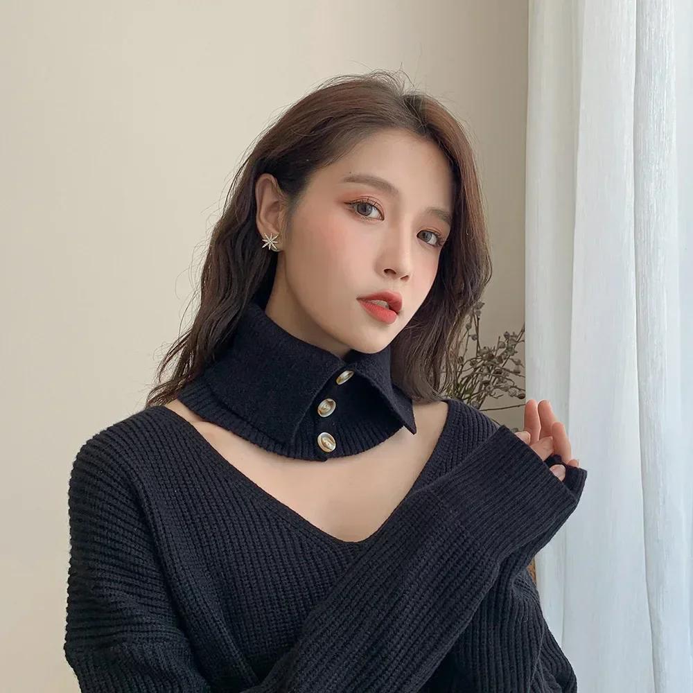 Knitted Button Fake Collar Pullover Scarf for Women's Korean Version Versatile High Neck Sweater Decoration Neck Protection Warm
