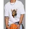 Crewneck T Shirt White Bull Holding Beer Cartoon Print for Casual Wear