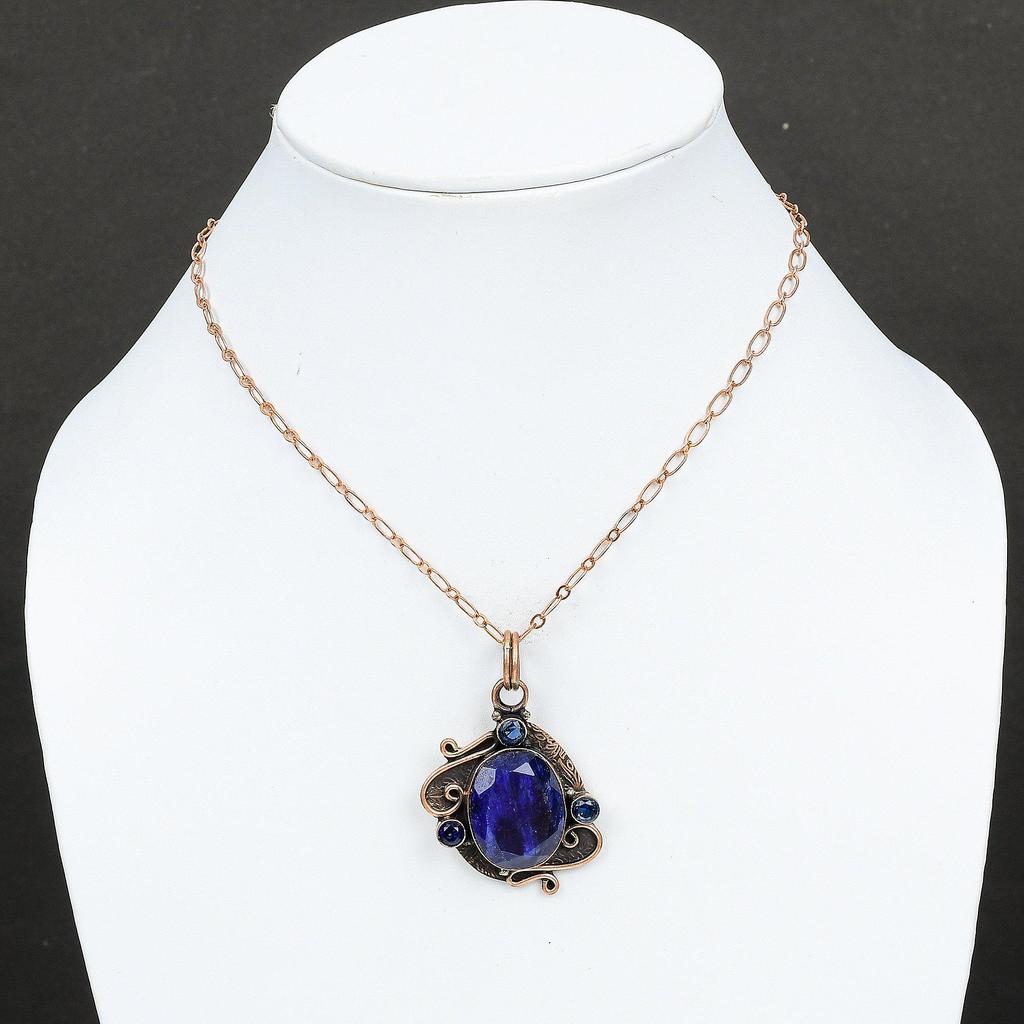 Ограненный Синий Сапфир Кулон Танзанит Кварц Кулон Медный Кулон Ювелирные Изделия Из Натурального Драгоценного Камня Кулон Ручной Работы Уникальные Медные Ювелирные Изделия Для Подарка