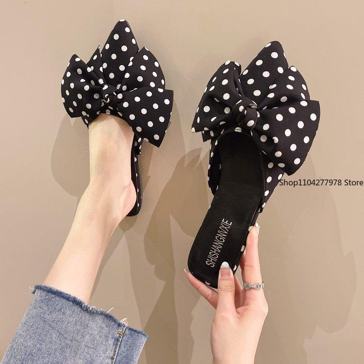 Fashion Oversize Bowtie Mule Shoes Women Fashion Pointed Toe Stripe Wave Slip-on Sandals Ladies Luxury Satin Silk Outdoor Flat Slippers