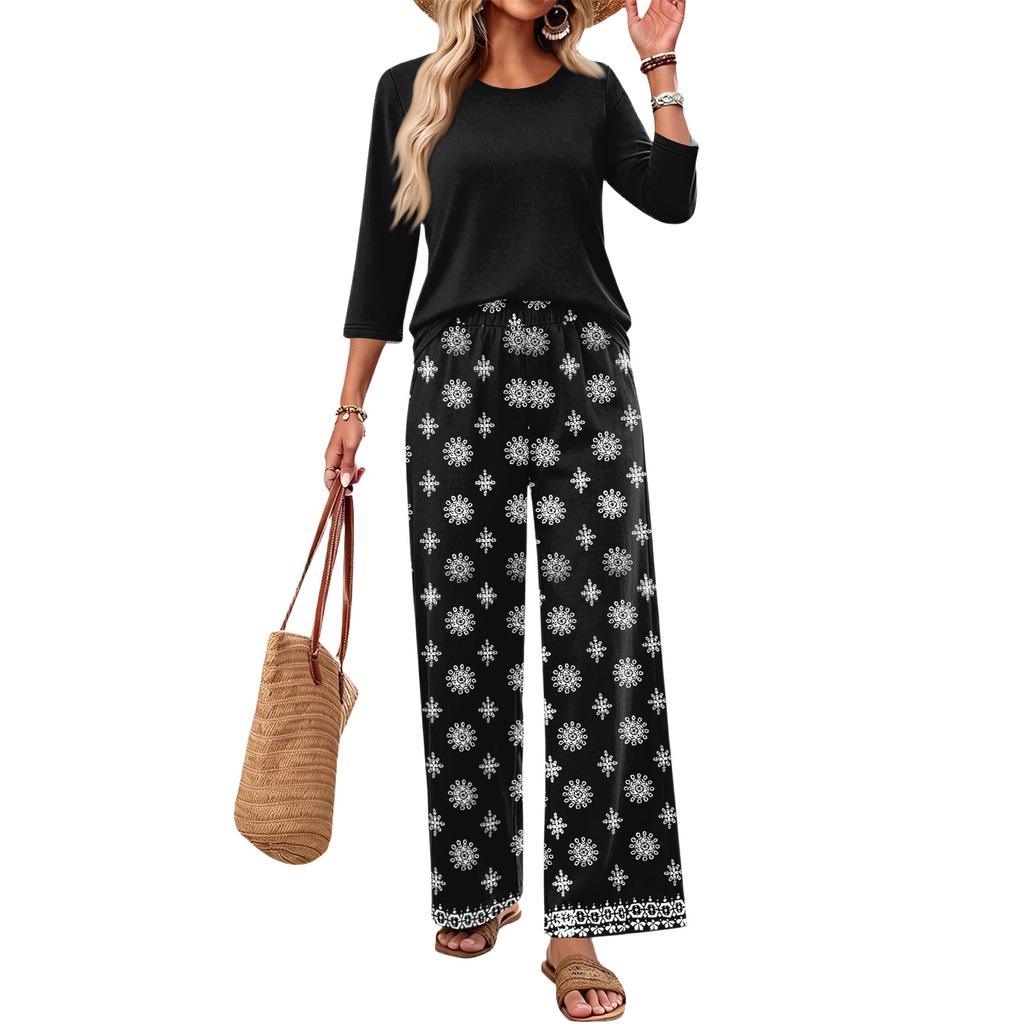 Women's Casual Fashion Round Neck Loose Fit Printed Three Quarter Sleeve Top with Wide Leg Pants Set Comfortable Lounge Wear