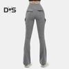 Women Flared Pants Elastic High Waist Wide Leg Casual Trousers with Flap Pockets Solid Color Cargo Pants Daily Wear