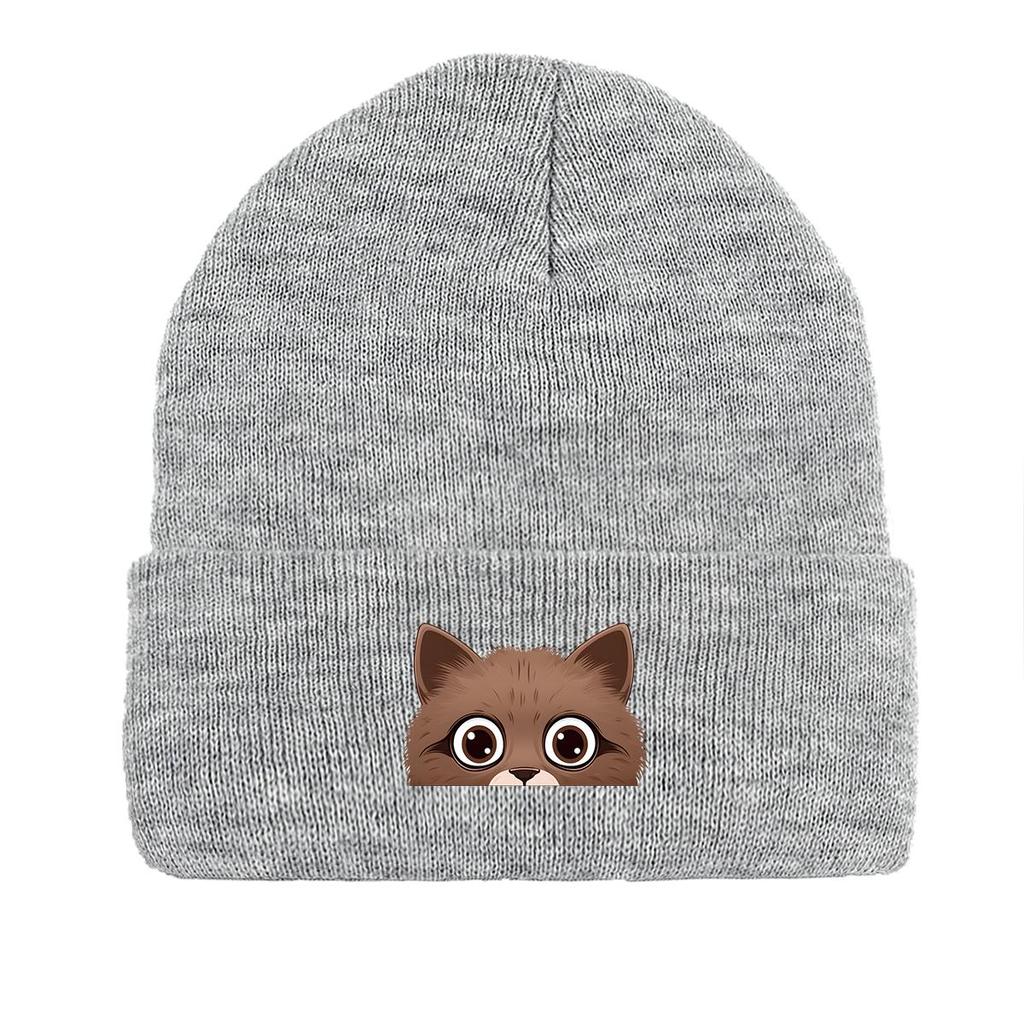 Peeping Cat Print Knitted Hat Beanie, Animal Woman Cap Lightweight Cancer Chemo Trendy Pompom Beanies Knit Cap Beanie
