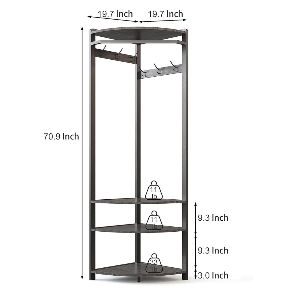Corner Coat Rack Stand Freestanding Hall Tree with 6 Hooks & 3 Shelves,Entryway Storage for Living Room Entryway