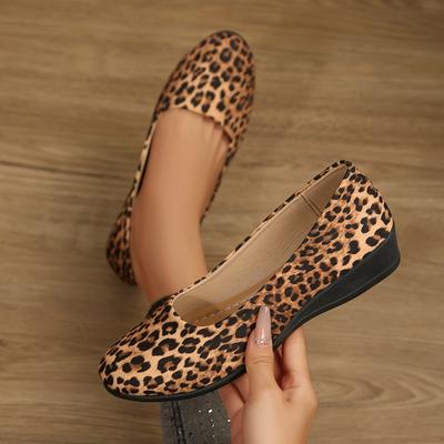 Женские балетки с леопардовым принтом - Обувь слипоны с застежкой пуловер, круглый носок, амортизирующая стелька - Повседневная формальная обувь на все сезоны
