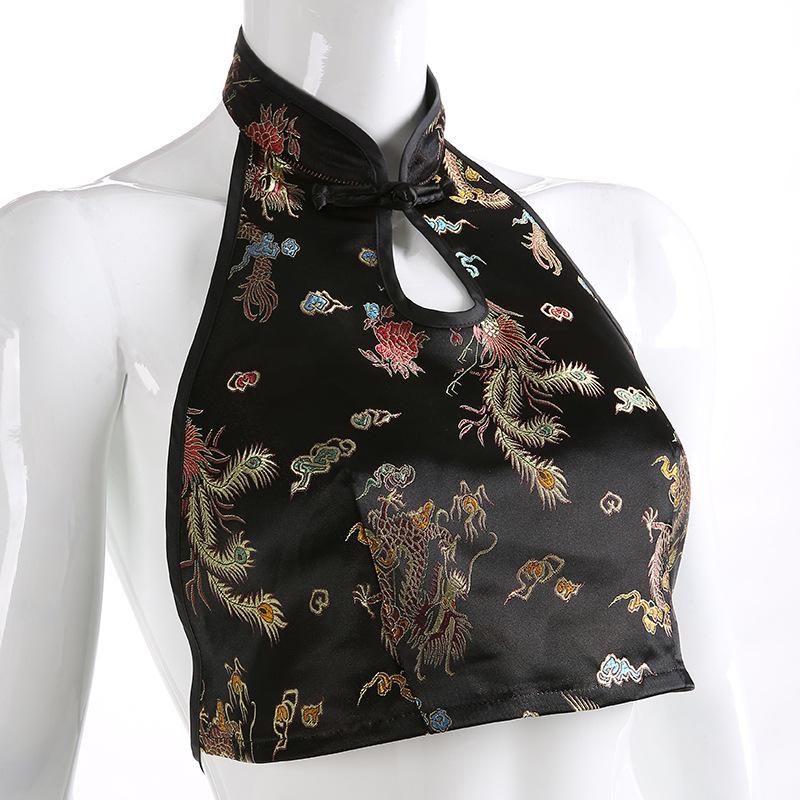 Женские топы Cheongsam, традиционный традиционный китайский дракон с вышивкой, открытая спина, Холтер, винтажный вечерний укороченный топ с запахом, жилет