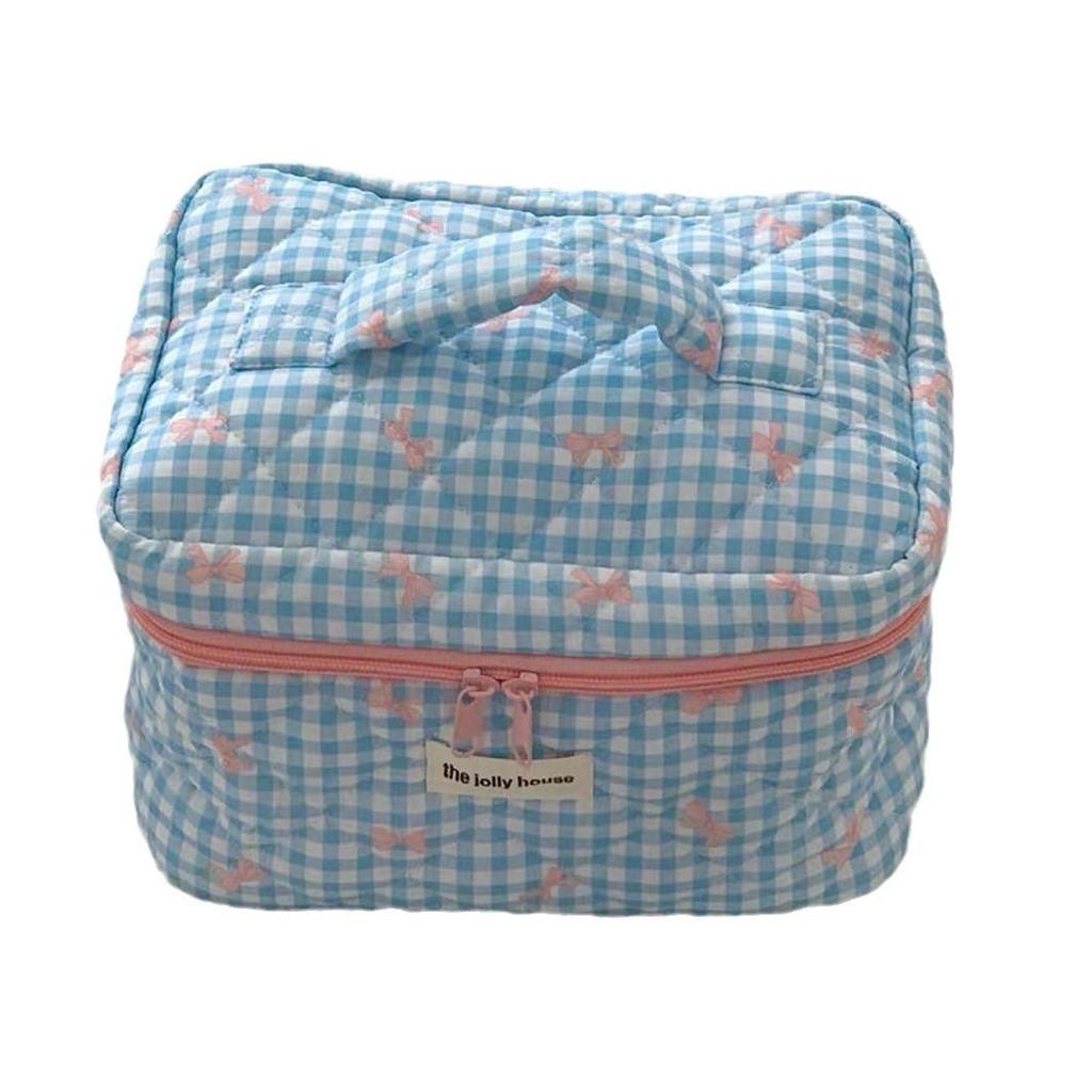 Plaid Quilted Large Capacity Makeup Bag - Soft, Portable Handbag for Students