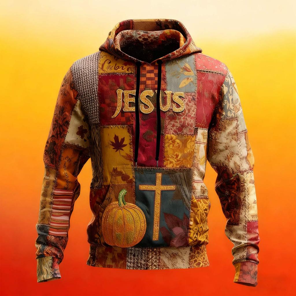 Мужское Ретро Повседневное Худи Оверсайз с Принтом Креста, Карманами и Заниженной Линией Плеча