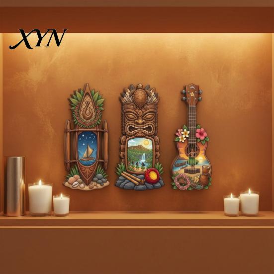 Tropical Home Decor 3Pcs Hawaiian Tiki Wooden Wall Hanging Sign, Surf Coastal Art, Surfing Themed Exquisite Plaque for Bar Patio & Holiday Gift Style