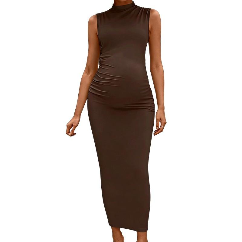 Maternity Sleeveless Turtleneck Dress Solid Color Bodycon Stretch Pleated Maxi Pregnancy