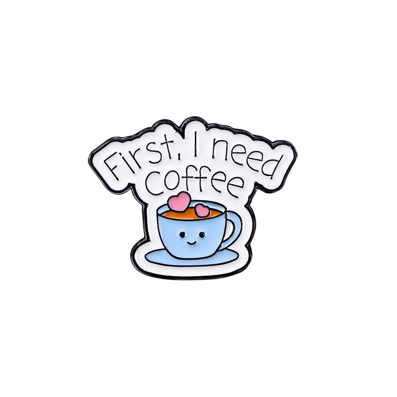 Alloy letter series brooch, personality trend I need coffee English slogan cartoon badge