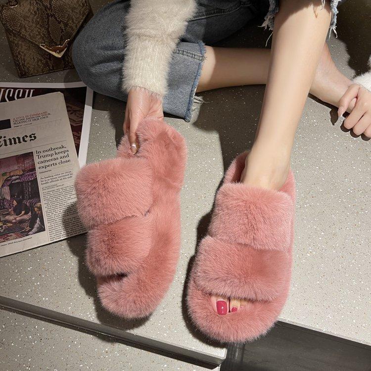 Интернет-знаменитость, настоящие тапочки из кроличьей шерсти, женские, конфетного цвета, осенне-зимние, домашняя одежда, теплые, односложные хлопковые тапочки
