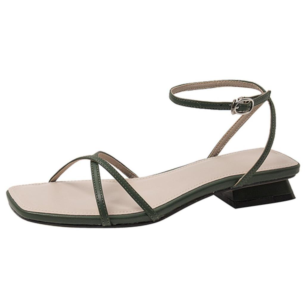 Comfortable 2024 Summer New Versatile Fairy Style Thick Heel Low Heel French Open-toe One-word Buckle Roman Sandals