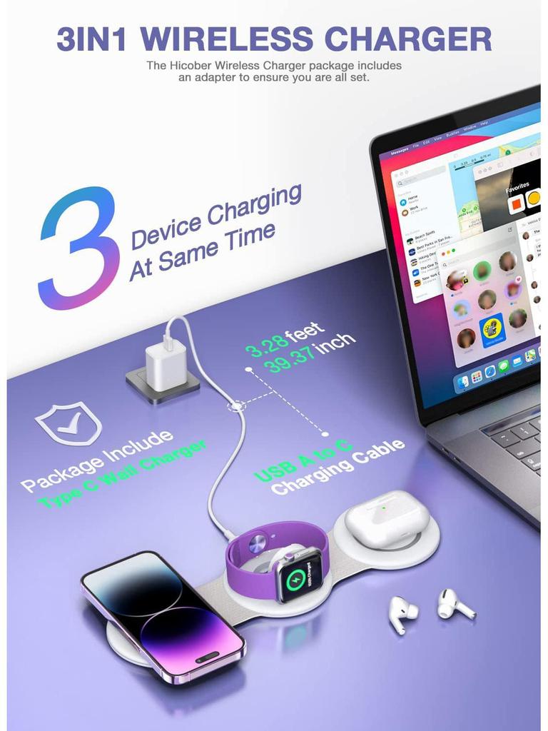 Foldable 3-in-1 Wireless Charger for Mobile, Apple Watch, Magsafe, Huawei