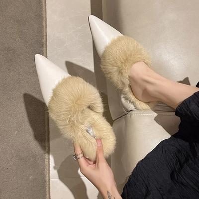 Новые Теплые Зимние Плюшевые Женские Тапочки из Натурального Меха Кролика, Пушистые Клетчатые Туфли с Острым Носком на Плоском Каблуке, Меховые Шлепанцы